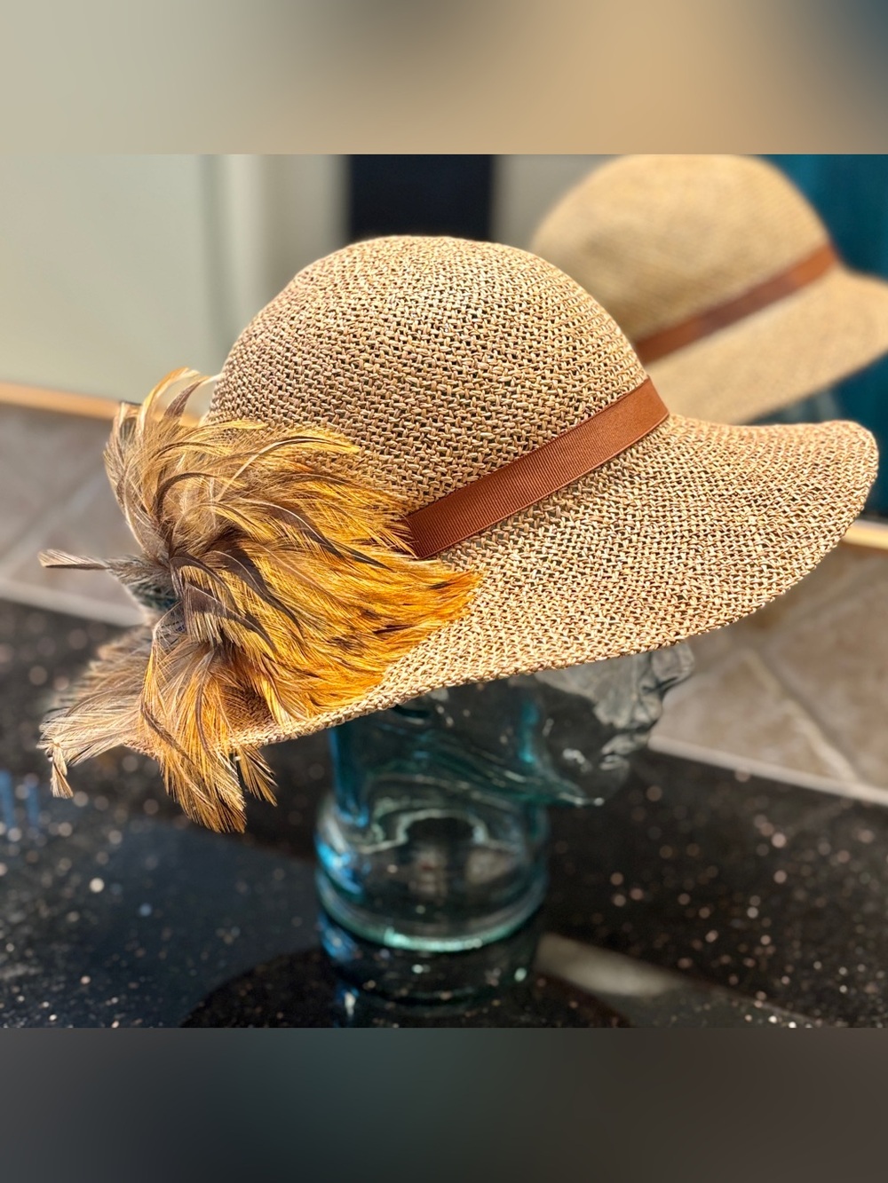 Vintage Diane Feathersmith Natural Straw Hat with Brown Band and Feather Plume